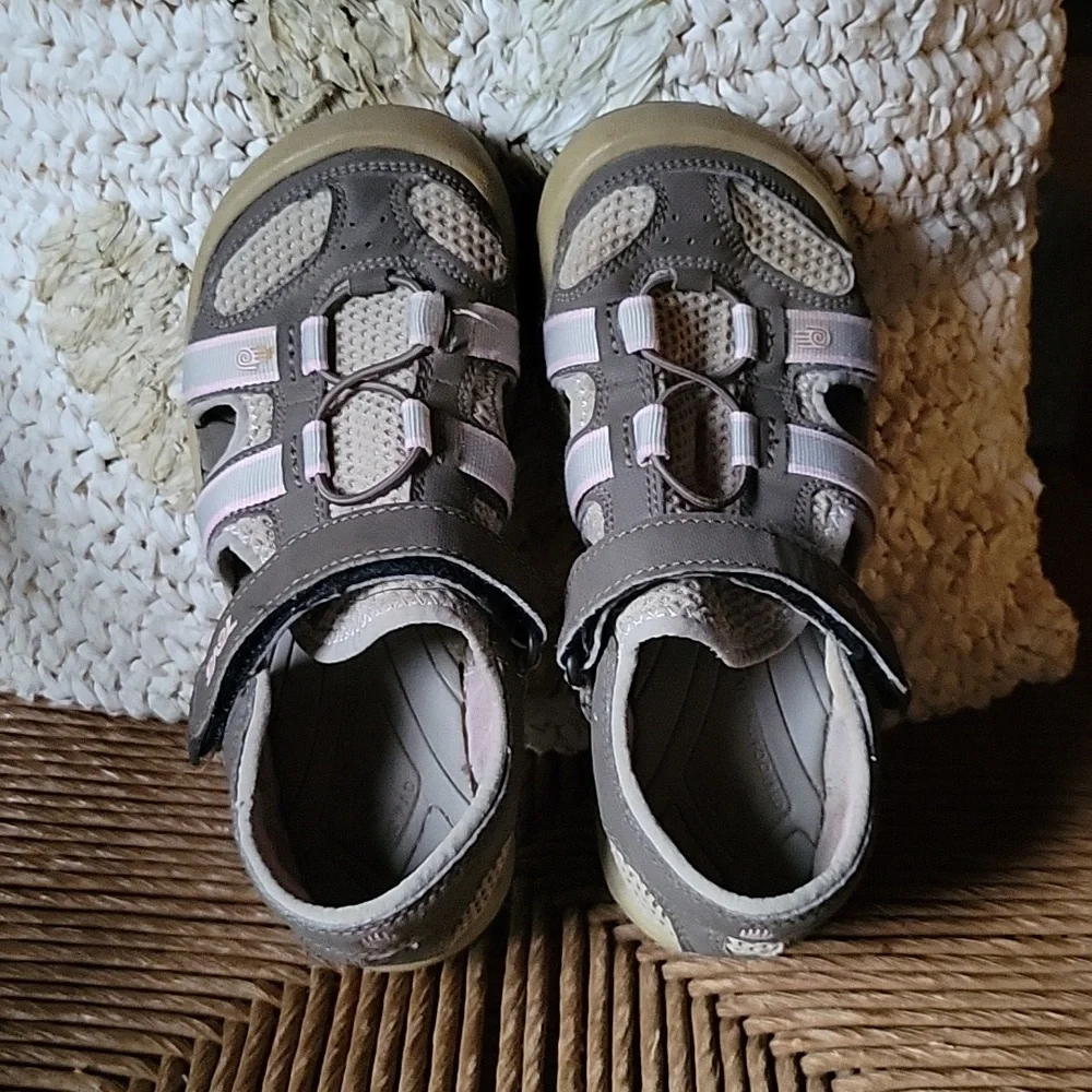 Teva sandals, brown, tan, gray, pink, size 3.